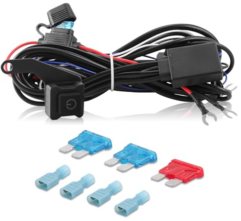Erato Kit cablaggio luci LED per moto 12V 2 cavi Interruttore on/off Fusibili a lama 10A 15A Relè 40A per fendinebbia Barra luminosa Luci di guida Luci di lavoro ausiliarie