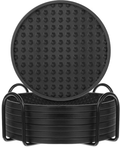 Gjinxi Coasters set of 6, Black Silicone Anti-Slip Non-Stick Table Coaster for Hot Drink Drinks Coffee Tea, Deep Tray Cup Mat Anti-Overflow Tabletop Protection Coasters Home Outdoor Bar Decor Gift