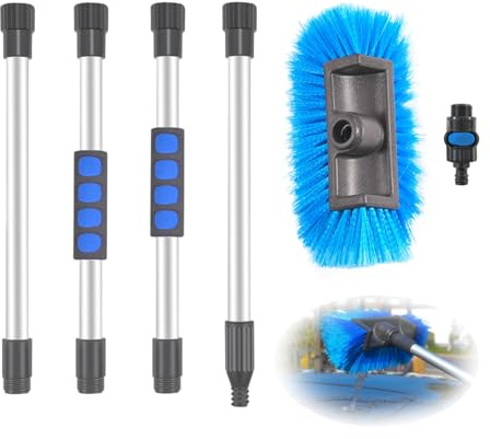 Onperpoe 160cm Autowaschbürste Langer Griff Autowaschbürste mit Wasseradapter Auto Reinigungsset Weiche Borsten Reinigungsmopp mit 4 ausziehbaren Teleskopbürsten für Solarpanel Van LKW Wohnwagen