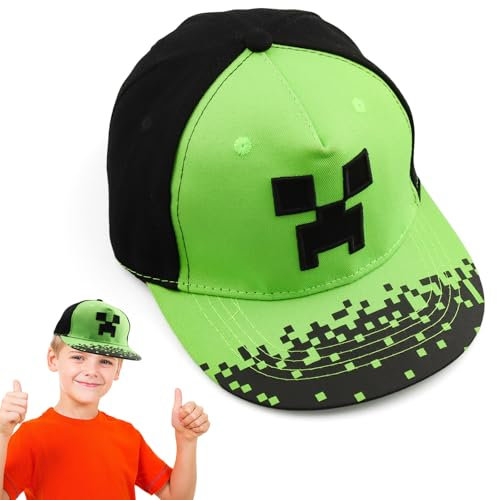 Miner Outdoor Sports Baseballmütze, Cartoon Design Sonnenmütze, Creeper Cap für Kinder - Schwarz und Pixelig Grün Grid Basecap Kappe