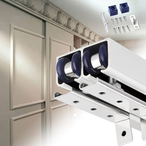 EXCLURA Schiebetür Schiene Doppelschiebetürschiene 61 71 91 122 cm, Schrankschiebetürschienen mit Rädern, Bypass-Scheunentor-Hardware-Kit Aluminiumschiene, Schiebetürschiene(Silver,2.2m/7.2ft)