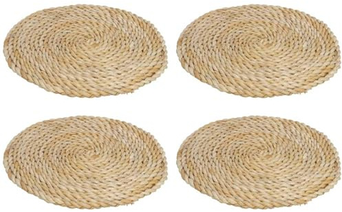 Tradineur - Set di 4 tovagliette rotonde in vimini, riutilizzabili, tovaglietta, tappetino da tavolo, protettivo, cucina, colore naturale, Ø 35 cm