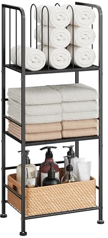 Towel Rack Free Standing 3-Tier M-Shaped Detachable Dividers, Durable Metal Holder, Pool Towel Rack, Space-Saving Towel Storage Organizer, Modern Bath Towel Shelf for Home, Poolside, Black