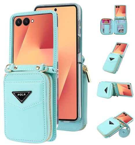 ESONG Coque pour Samsung Galaxy Z Flip 7 avec cordon,Cuir PU de portefeuille etui avec Fente pour Carte/support,Antichoc Protecteur Crossbody Housse,Protection téléphone Case Cover pour fille-Bleu
