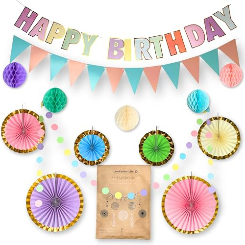 LowCarbonLife Geburtstagsdeko Regenbogen Pastell Party Deko – Happy Birthday Girlande, Wimpelkette, Wabenbälle & Papierfächer – Wiederverwendbare Deko Geburtstag für Kinder (Mädchen & Jungen)
