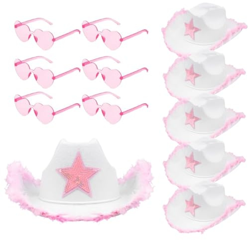 12er-Set Weiße Cowboyhüte für Damen, Brautjungfer Cowboyhute set mit Rosa Stern und Herzbrillen – Flauschige Filz Cowgirl Hüte mit breiter Krempe – Partyhut für Western Mottoparty, Geburtstag, JGA