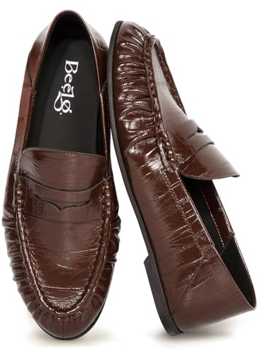 BeeLg Brown Penny Loafers for Women Comfort Casual Slip On Flat Ruched Loafers Dressy Work Business Flats Walking Shoes