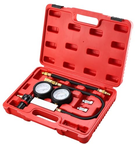 FreeTec Druckverlusttester Druckverlustprüfer, TU-21 Motor Druckverlust Tester, Motor Zylinder Druckverlustprüfer Lecksucher Kit mit 10 12 14 mm Zündkerzen für Benzinmotoren Kfz Rot