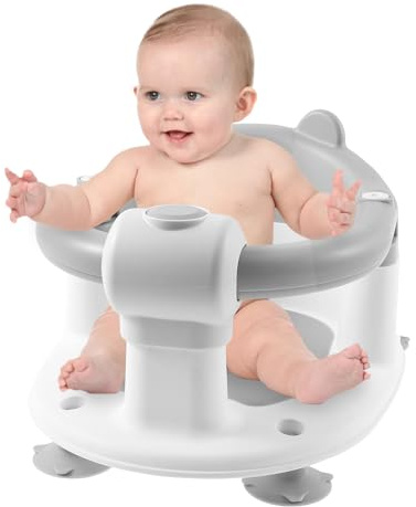 Badewannensitz Baby ab 6 Monate Baby Badesitz mit 4 Rutschfeste Saugnäpfe Klappbare Armlehnen Tragbarer Badesitz Dusche für Babys im Alter von 6 bis 12 Monaten (Grau)