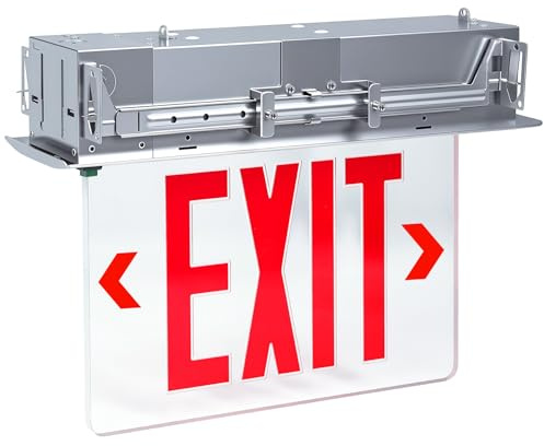 LED Exit Sign LED Edge-Lit Exit Sign Emergency Light, 120-347V, Recessed Mount Emergency Light, Aluminum Housing, Single Face Acrylic Panel, Red Letters, with Battery Backup