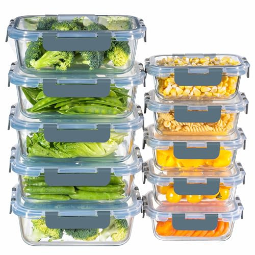 MFY 10er-Set (1040ml & 400ml) Glasbehälter mit Deckel Set, Meal Prep Boxen Glas Frischhaltedosen Glas mit Deckel, BPA-frei Glasdosen, Mikrowellen-, Ofen-, Gefrier- und Spülmaschinengeeignet, Grau