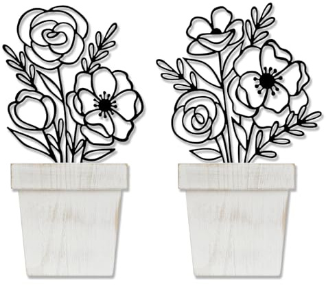 YiYa 2 Pcs Metal Flowers Wall Arts Metal Flower Wall Decor Floral Line Hanging Wall Sculpture Beige Minimalist Flower Wall Decors for Living Room, Bedroom，Office，Bathroom, Kitchen