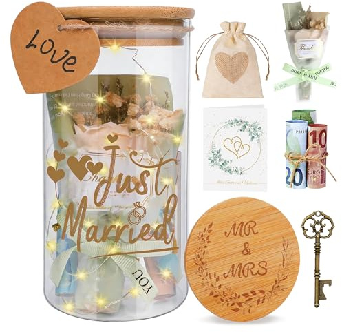 Regalos de boda para la pareja de recién casados, regalo de dinero para bodas, luz de botella LED para boda con ramo, alcancía Just Married para boda, embalaje de regalo de dinero para recién casados