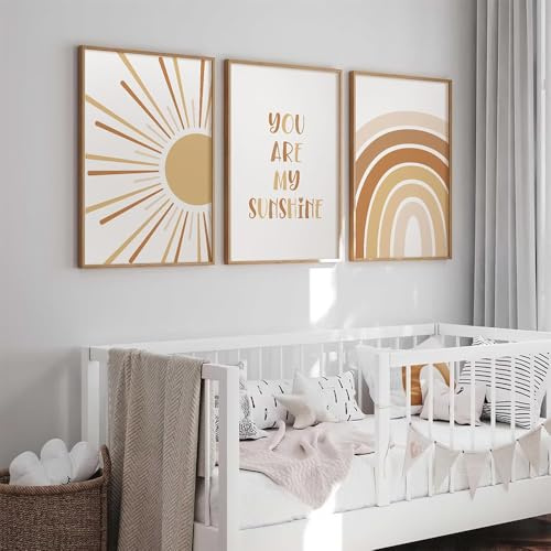 3 Bilder Regenbogen Kinderzimmer 30X40CM Bilderwand Baby Poster Baby Mädchen Zimmer Orange Sonne Leinwand Babyzimmer Junge Regenbogen Bilder Kinderzimmer You Are My Sunshine Boheme ohne Rahmen