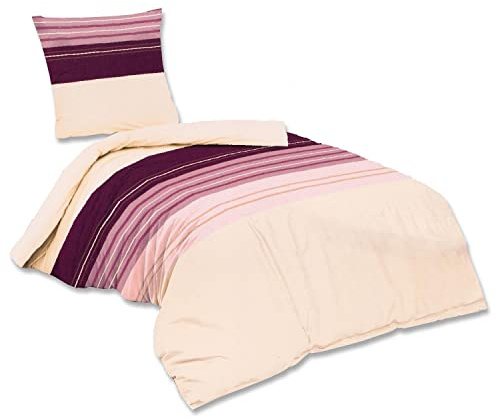 Flanell Wende-Bettwäsche Amelie 2 teilig Reißverschluss Flieder Streifen Marke 135 x 200 cm + 80 x 80 cm
