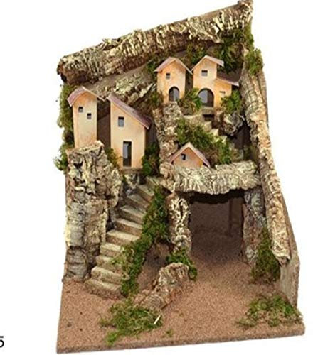 Aurora Store.it Presepe Completo in sughero Ambientazione Villaggio Paesaggio con luci, con Grotta scale Legno dimensioni 32,5x32,5 x h. 38,5 cm vuoto presepio Napoletano