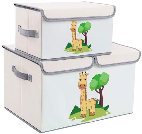 DIMJ 2 Pack Toy Boxes with Lid, Large Kids Storage Box Cartoon Fabric Toy Organiser Foldable Bins with Handles for Kids, Clothes, Toys, Books, Nursery, Home (Beige 2)