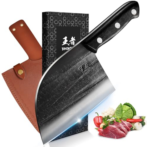 ENOKING Serbian Chef Knife 6.7 Inch, Handmade Professional Meat Cleaver Knife with Leather Sheath, High-Carbon Clad Steel Butcher Knife with Full Tang Handle for Kitchen, Camping, BBQ