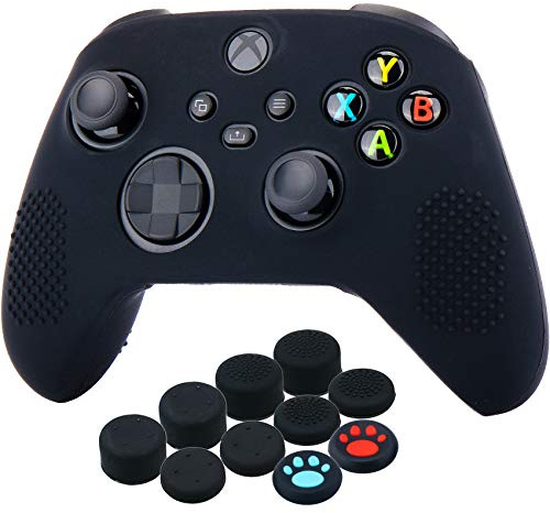YoRHa Silicona Funda Piel Carcasas cubierta para Xbox Series X/S Mando x 1 (Negro) con Agarres para el Pulgar x 10