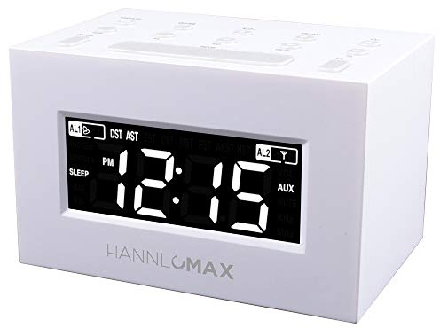 HANNLOMAX HX-111CR Alarm Clock Radio, PLL AM/FM Radio, Dual Alarm, White LED Display, Auto DST, Aux-in Jack. (White)