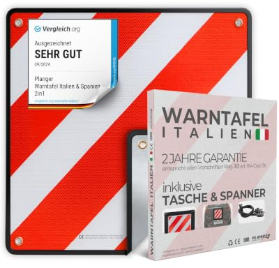 PLANGER® - Warntafel Italien (50 x 50 cm) + Spanner +Tasche - Reflektierendes Warnschild rot weiß für Heckträger u Fahrradträger