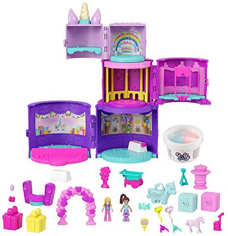 Polly Pocket HHJ11 - Einhorn-Torte Spielset, Schatulle mit 2 Micro-Puppen, 25 Zubehör-Teile als Überraschung, Spielzeug für Kinder ab 4 Jahren