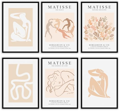 MONOKO® Premium Bilder Wohnzimmer | Matisse Poster Set Vintage Kunstdruck | Wandbilder Schlafzimmer 6x A4 ohne Rahmen
