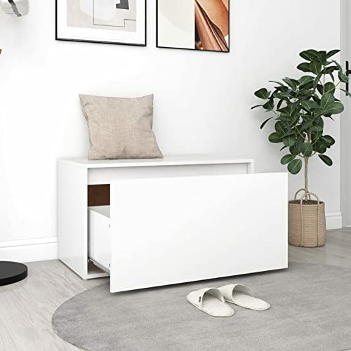 Gecheer Golvbänk med låda, sittbänk med förvaringsutrymme, garderobsbänk, kistbänk, hallskåp, sittkista, högglans-vit spånskiva, 80 x 40 x 45 cm