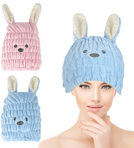 2 Stück Trockenes Haar Hut Handtuch Mikrofaser Trocknen Haaren Kappe mit Niedlichen Kaninchenohren Schnell Trocknende Badekappe Haarturban Super Saugfähig Haare Handtuch Haar Wrap für Frauen Mädchen