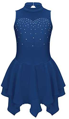 inhzoy Kinder Mädchen Glitzernde Eislaufkleid ärmellos Gymnastikanzug Trikot Kleid mit Röckchen Ballett Tanzbekleidung Skating Wear Typ_J_Marineblau 170-176/15-16 Jahre