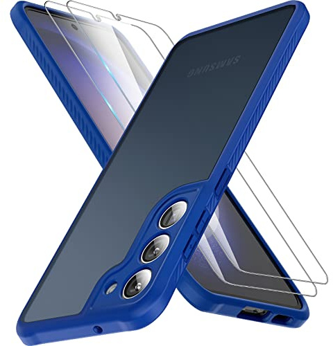 TOCOL 3 in 1 for Samsung Galaxy S23 Case, with 2 Pack Tempered Screen Protector [Upgraded Full Camera Protection] [Military Grade Drop] Translucent Matte Back, Non-Slip Cover for S23 6.1 inch, Blue