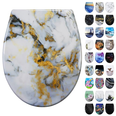 Fanmitrk Duroplast Toilet Seat Soft Close -Quick Release Toilet Lid with Top Fixing,Marble Effect(UF819-14)