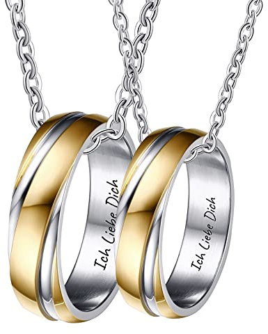 Bishilin Pärchen Halskette mit Gravur Edelstahl, Partnerkette Anhänger Ring Bicolor 6MM Halskette für Paare 2 Stück