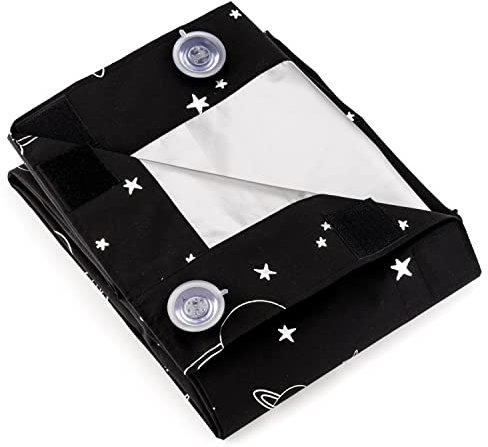 Portable Blackout Blind For Bedroom, Nursery and Travel with Lockable Suction Cups, Reflective Silver Lining, Adjustable Size, Planets Pattern (130cm x 130cm)
