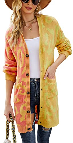HEYPORK Damen Herbst Winter Warm Bequem Jacke Casual Mode übergangsjacke Mantel Frauen Leopardenmuster Pullover Strickpullover Strickjacke Mittellange Jacke(Gelb, L)