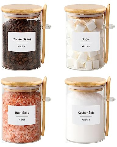 TIPGO Sugar Jar Bath Salt Container – 17 oz Glass Jar with Bamboo Lid and Spoon, Sugar Cube Holder and Canister for Countertop, Glass Containers for Coffee Beans, Tea and Overnight Oats (4 Pack)