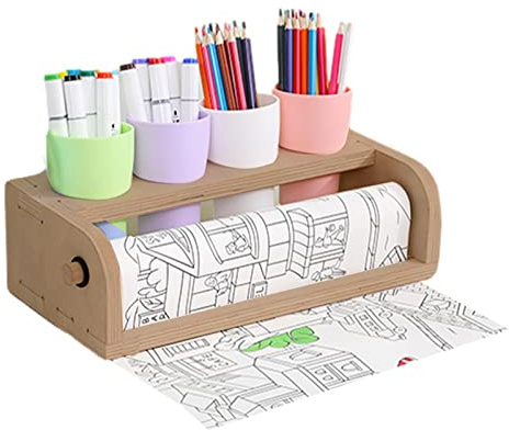 Dispensador de rollos de papel de mesa de madera | Soporte para rollos de papel artístico con soporte para lápices | Corte de papel limpio y excelente para niños que dibujan en la mesa, accesorios de