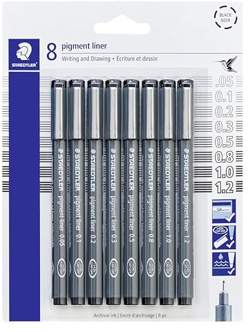 STAEDTLER Pigment Liner Pack, Schwarz, 8 Stifte, verschiedene Strichstärken, 0,05 mm, 0,1 mm, 0,2 mm, 0,3 mm, 0,5 mm, 0,8 mm, 1,0 mm, 1,2 mm
