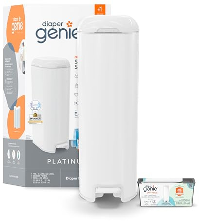 Diaper Genie Platinium – Seau à Couches Anti-Odeurs | Acier Inoxydable | Grande Capacité 47 Couches | Recharge Durable Jusqu’à 5 Mois | Ouverture Large & Pédale Pratique - White | Freisprech-Windeleimer mit Geruchsverschluss (weiß) inklusive Easy Roll Abreißbeuteln für bis zu 846 Windeln für Neugeborene.