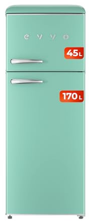 EVVO Frigorífico 2 puertas, Estilo Retro, Refrigerador 170 litros, Congelador 45 Litros, Diseño Vintage, Cajón Crisper Zone, Libre de Gas CFC, Silencioso. F45 Color Verde Pastel