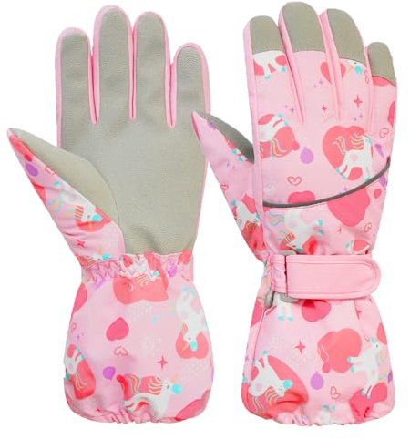 Jupsk Kids Winter Ski Gloves Waterproof Anti Slip Fluffy Thermal Snowboard Unicorn Gloves for Children Girls and Boys Age 11-14