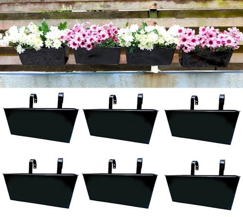 LaLaGreen Railing Planter Box (12 in, 6 Pack) Black Metal Window Fence Pots
