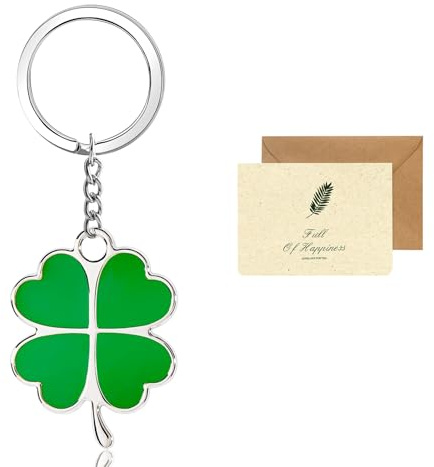 SwirlColor porte clef original, porte-clés trèfle à quatre feuilles vert en métal porte clef porte bonheur avec carte de voeux examen cadeau de bonne chance nouveau travail nouveau départ