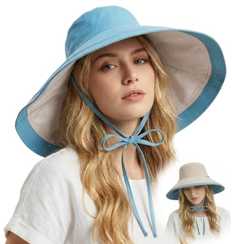 HIQIU Omvänd solhatt dam UV-skydd Stor brätte sommarhatt - Vikbar fiskarhatt Reversibel strandhatt Trädgårdshatt för utomhus och semester, blå, 56-58