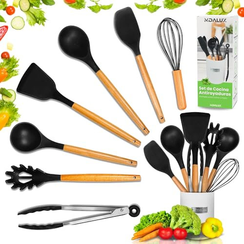 MDALUX® -Utensilios cocina silicona-Menaje de cocina -Set de 7 Piezas con Cubo Metálico-Sin BPA con mangos de madera-Resistente 220°C- Accesorios cocina- Antiadherente