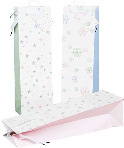 HEKU Weihnachts-Flaschentaschen mit Glitter-Veredelung, 24 Stück I Winter Pastell Motiv in 3 Farben I Hochwertiges Papier I Vielseitige Größe für Wein & Spirituosen 40x10x12cm