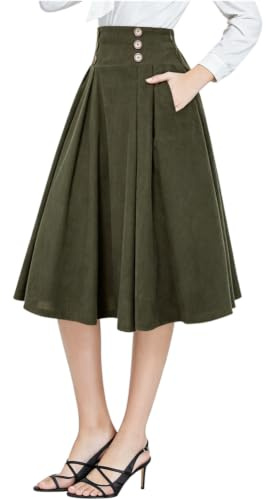 Belle Poque Damen Cordrock A-Linie Midi Faltenrock Herbst Winter Rock | Hohe Taillierte, Dekorative Doppelreihe Knöpfe, Weiches Warmes Material Für Herbst Und Winter