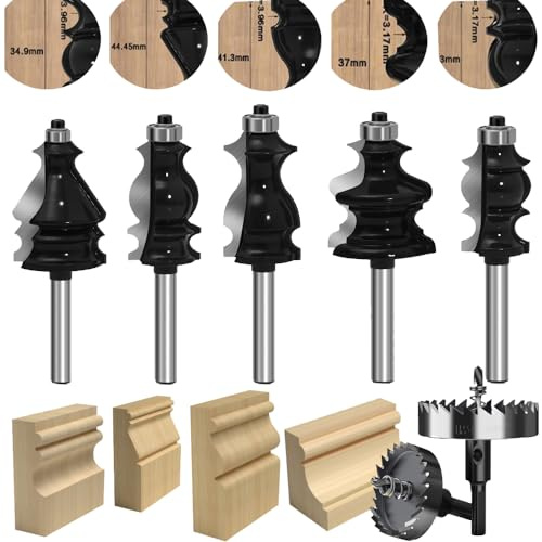 MAYLINE Router Bit Set 1/4 Inch Shank 5 PCS, Woodwork Milling Groving Cutter Router Bits Sets, Tongue Groove Rail Stile Wood Miter Cabinet CNC Woodworking Cutting Tool for Door Table(NO-03)