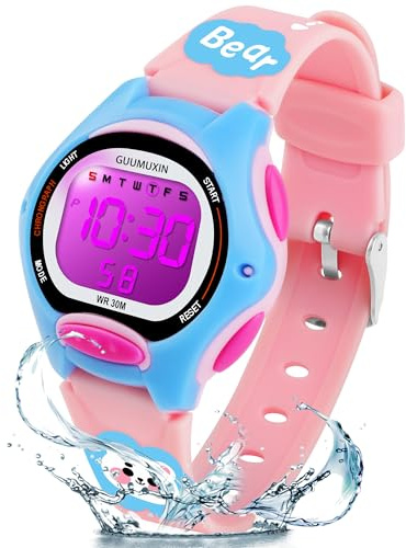 GUUMUXIN Armbanduhr Kinder,Kinderuhr mit Bedrucktem Armband und 7 Farbigen LED Lichtern,30M wasserdichte Digitale Kinderuhren für Jungen Mädchen 4-12