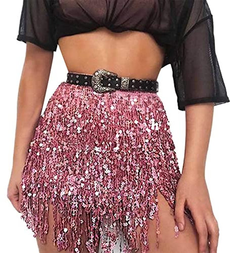 HKYFNNBW - Damen Bauchtanz Hüftschal Rock Minirock Paillettenrock Fransen Wickelröcke Verstellbare Taillengurte Party Rave Kostüm, rose, Einheitsgröße
